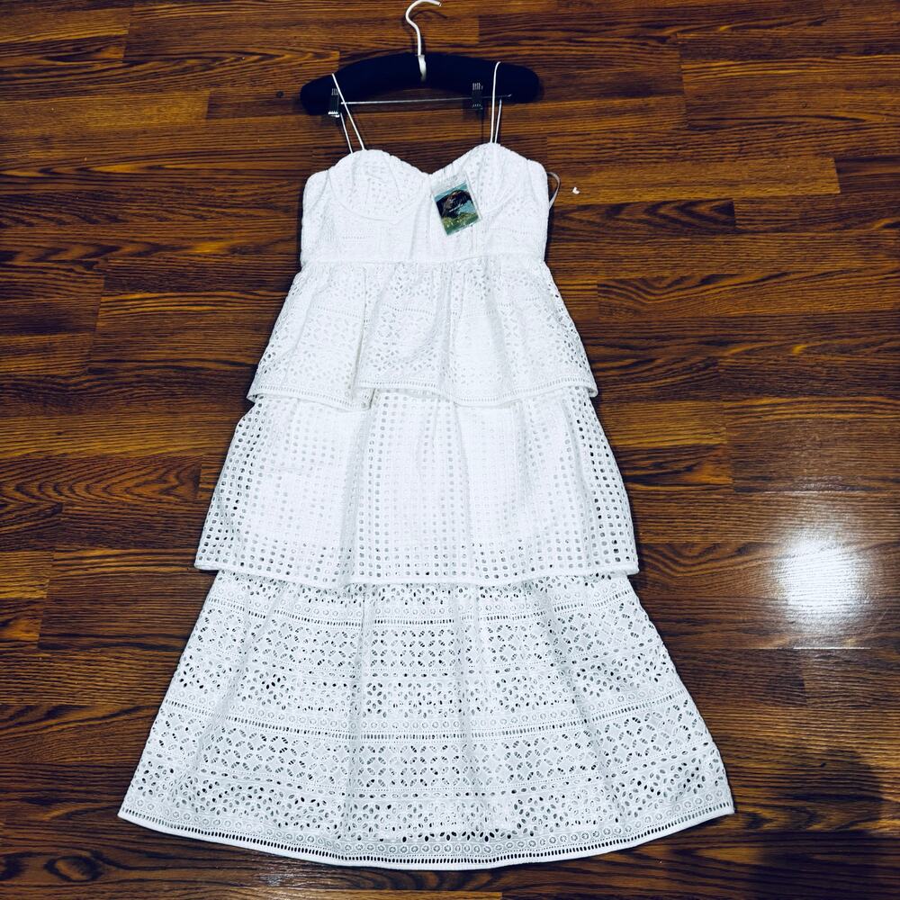 Self-Portrait White Bridal Broderie Anglaise Cotton Voile Tiered Midi Dress 6 - Picture 13 of 13